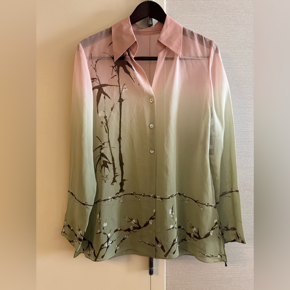 NWT Tahari Silk Pastel Printed Ombré Blouse 8 pink & green